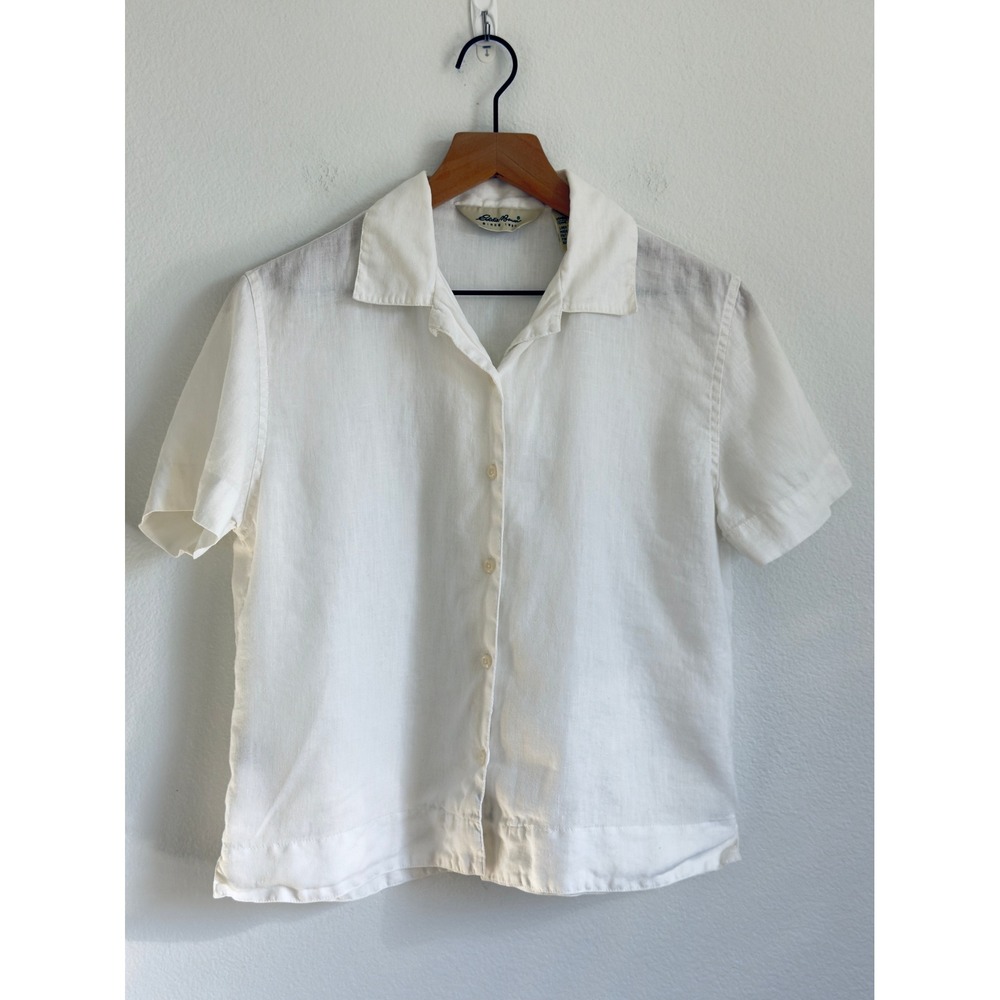 Eddie Bauer Linen Shirt XS White Coastal Minimalist Short Sleeve Button Down Top